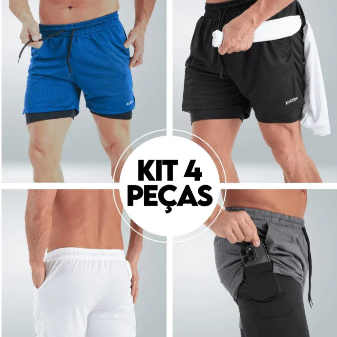 Kit 4 Bermudas Masculinas Performance Dry 2 em 1
