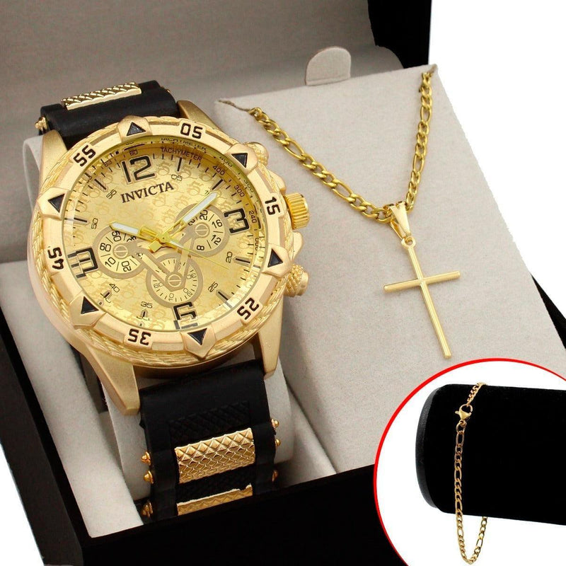 Conjunto Golden: Relógio Invicta Premium com Pulseira e Corrente Banhados a Ouro - Ninbus