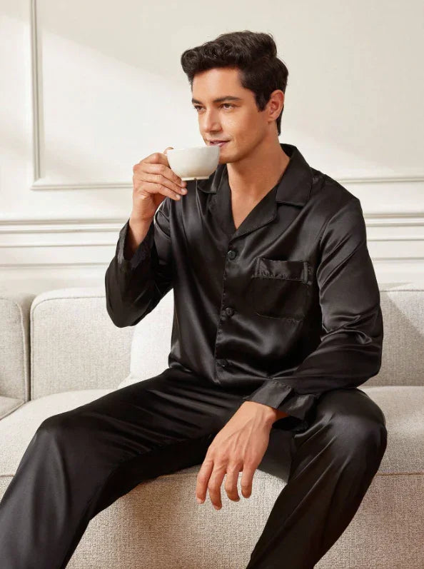 Pijama Cetim Preto Comprido com Bolso - Ninbus