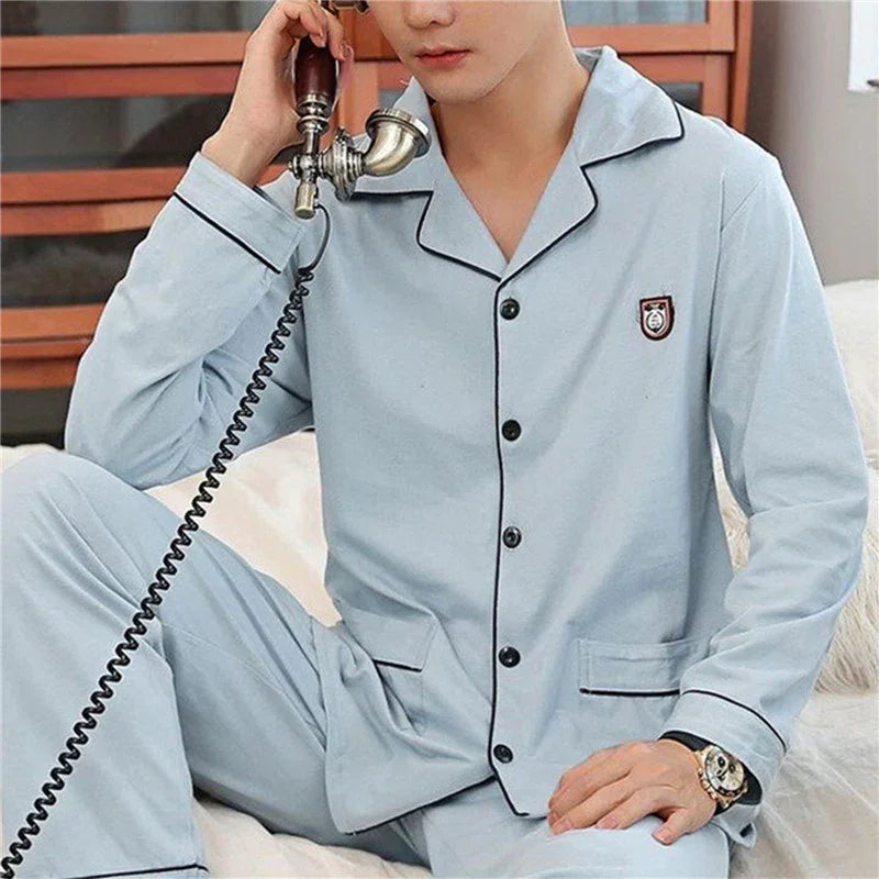 Pijama Masculino Azul Claro Solto de Flanela de Algodão - Ninbus